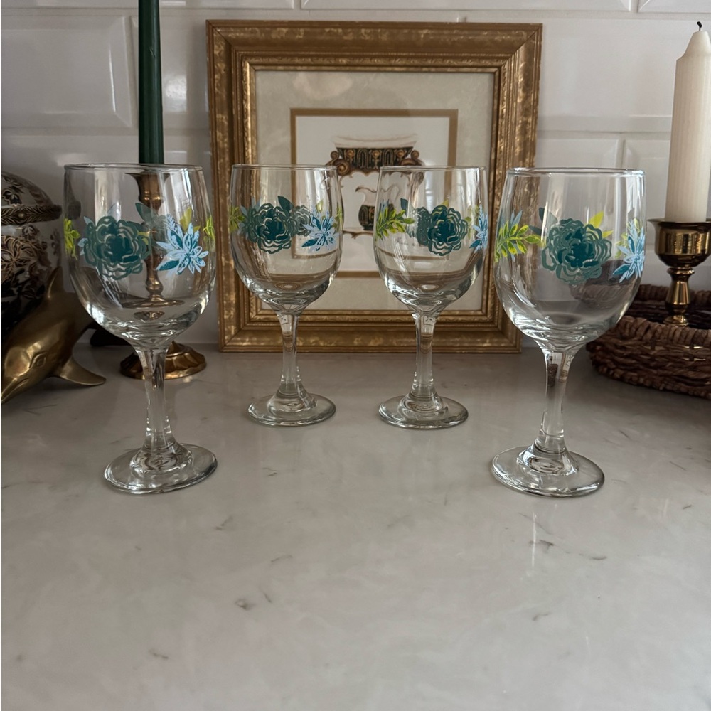 Libbey Blue/Yellow/Teal Painted Floral Wine Glasses Set of 4